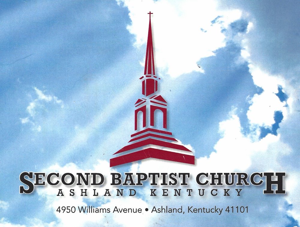 Second Baptist Church, Ashland, Kentucky. A red church steeple against a blue sky with rays of light.